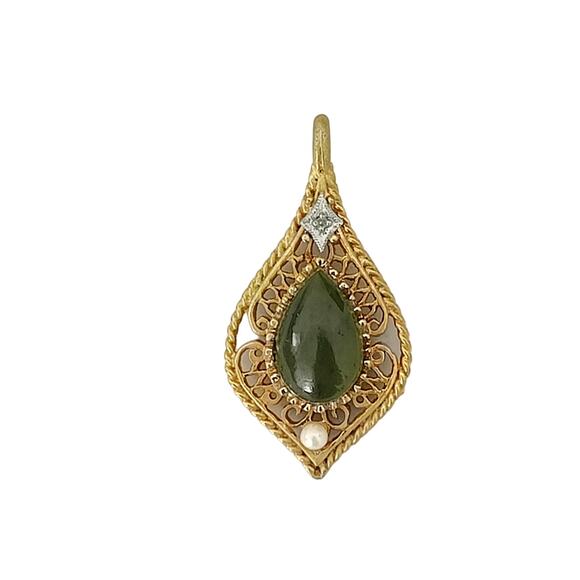 Vintage Green Jade? Teardrop Cabochon Pendant Signed U.S. Sales 1974 Gold Tone - Picture 1 of 5